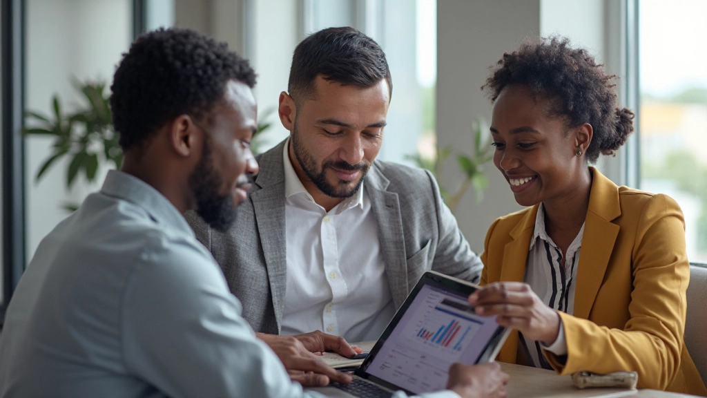 Professional team collaborating on social media strategy in modern African marketing office