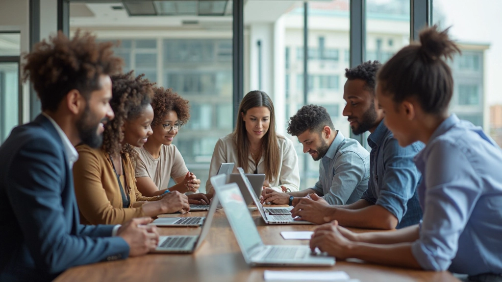 Marketing team collaborating on digital strategy during business meeting with multiple screens displaying analytics dashboards
