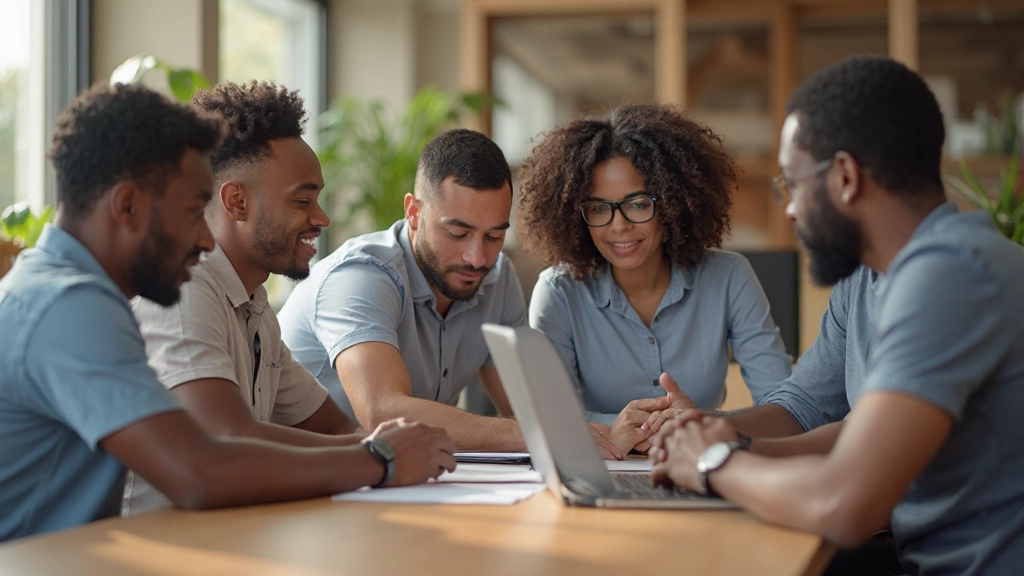 Team collaborating on email marketing strategy with laptops and notebooks