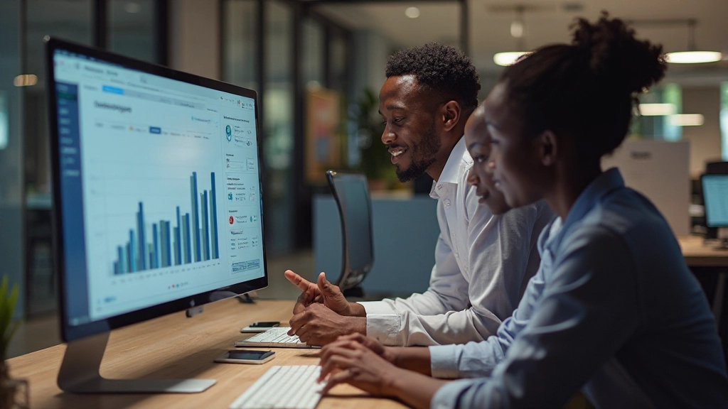 Team of marketers collaborating around large monitor displaying real-time analytics and performance metrics