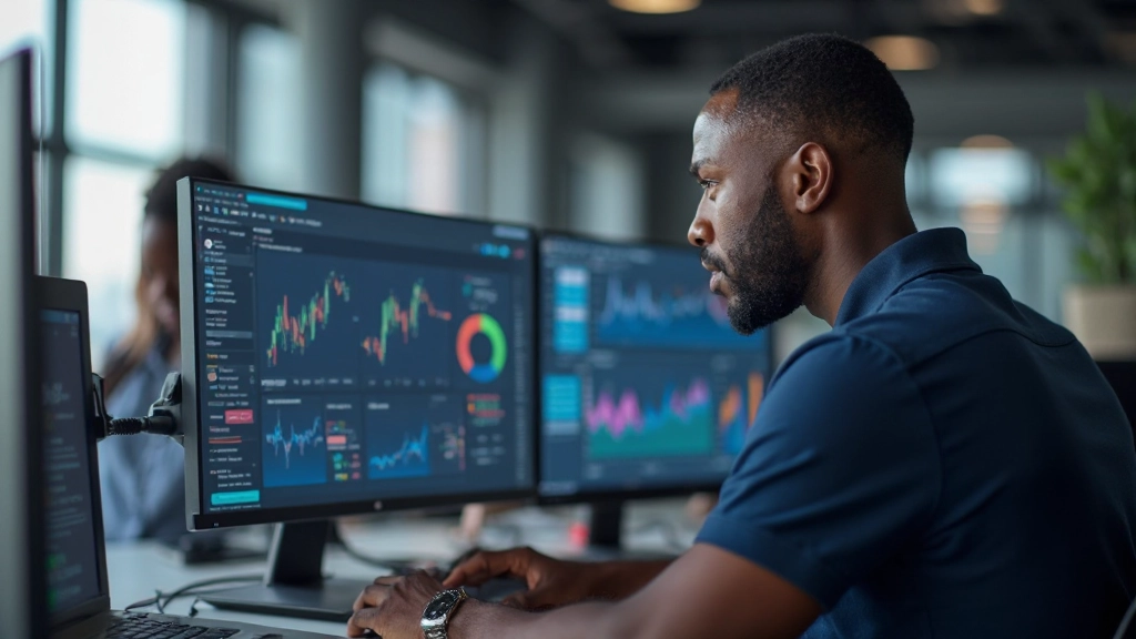 Professional marketer analyzing data on dashboard with multiple screens showing analytics