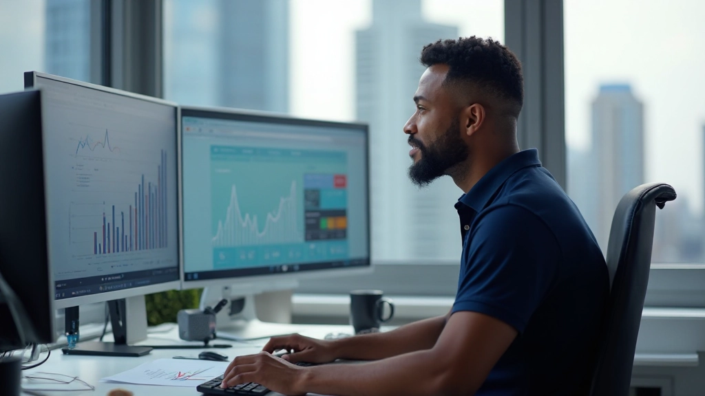 Professional digital marketer analyzing campaign metrics on multiple screens in modern office