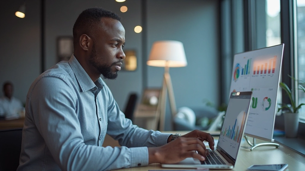 SEO specialist reviewing website ranking reports and keyword performance analytics on multiple monitors