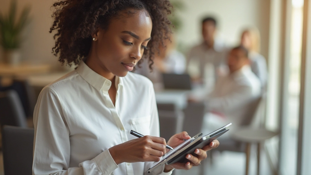 Social media marketing specialist creating content strategy on tablet in collaborative workspace