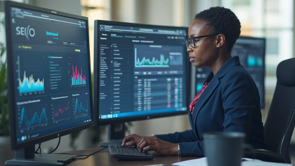 Professional digital marketing analyst reviewing SEO metrics and analytics dashboard on multiple monitors