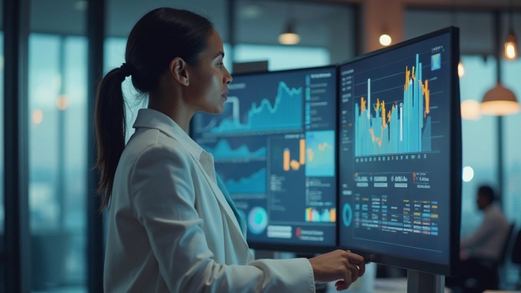 Business analyst reviewing marketing performance dashboard with conversion metrics and analytics