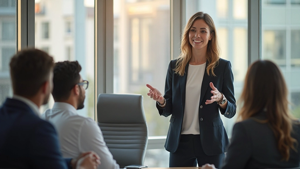 Marketing professional presenting conversion funnel strategy to business clients in meeting room